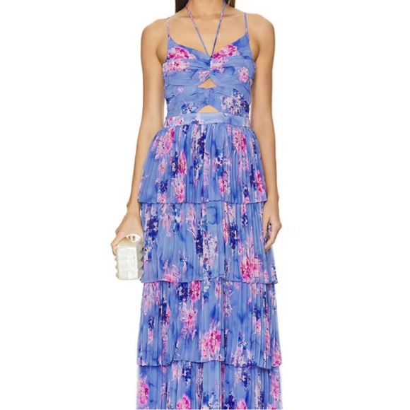 Astr Daytona Pleated Floral Tiered Maxi Dress in Blue & Pink Small $180- - Picture 6 of 15